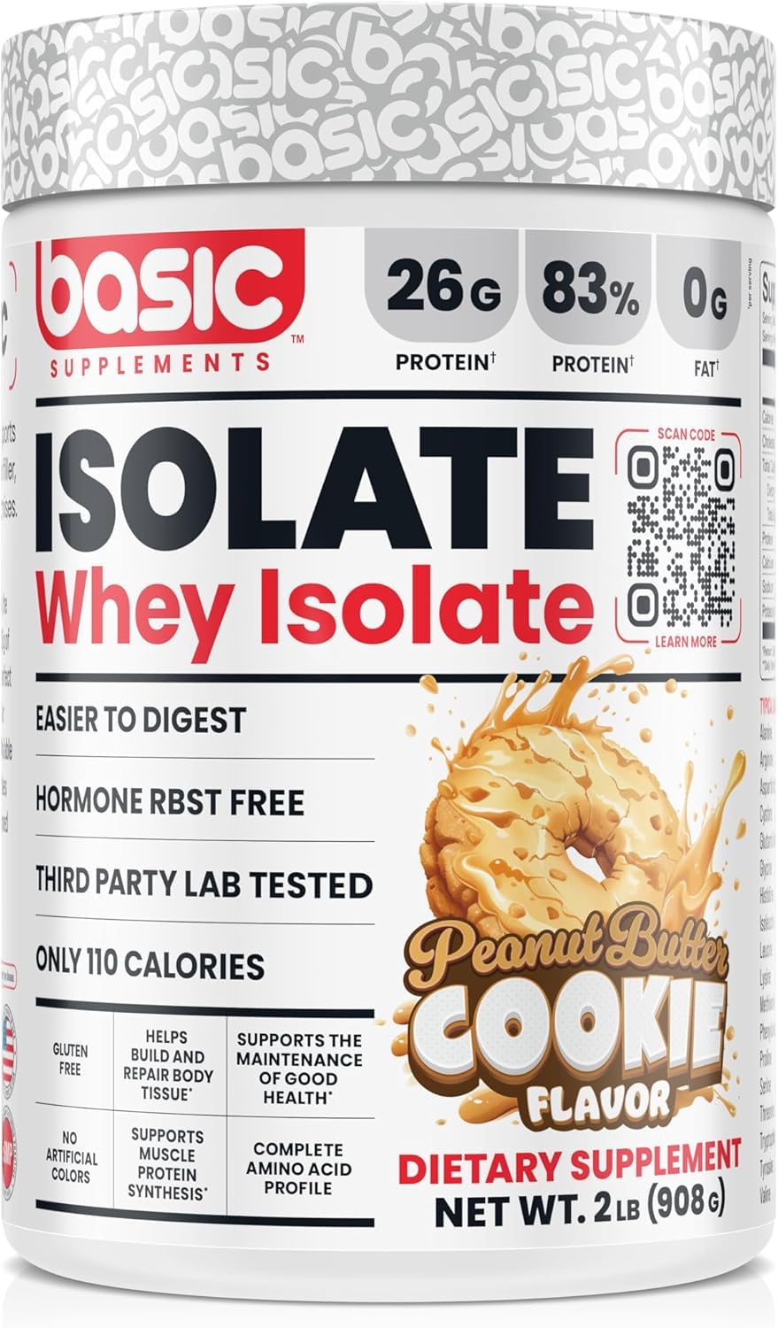 BASIC SUPPLEMENTS Whey Isolate bottle showing 26g protein per serving.