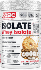 BASIC SUPPLEMENTS Whey Isolate bottle showing 26g protein per serving.