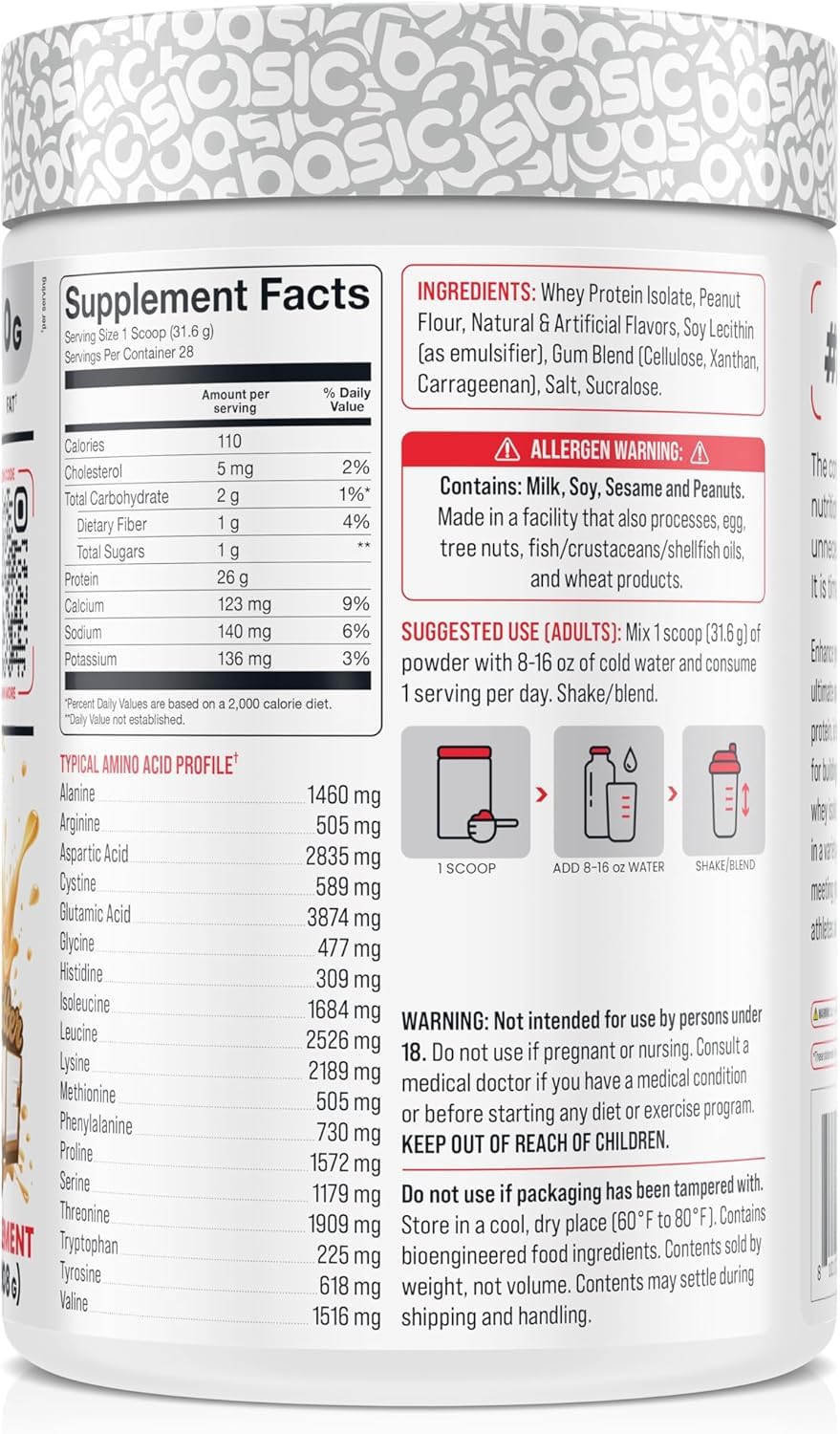 BASIC SUPPLEMENTS Whey Isolate peanut butter cookie scoop highlights protein per serving.
