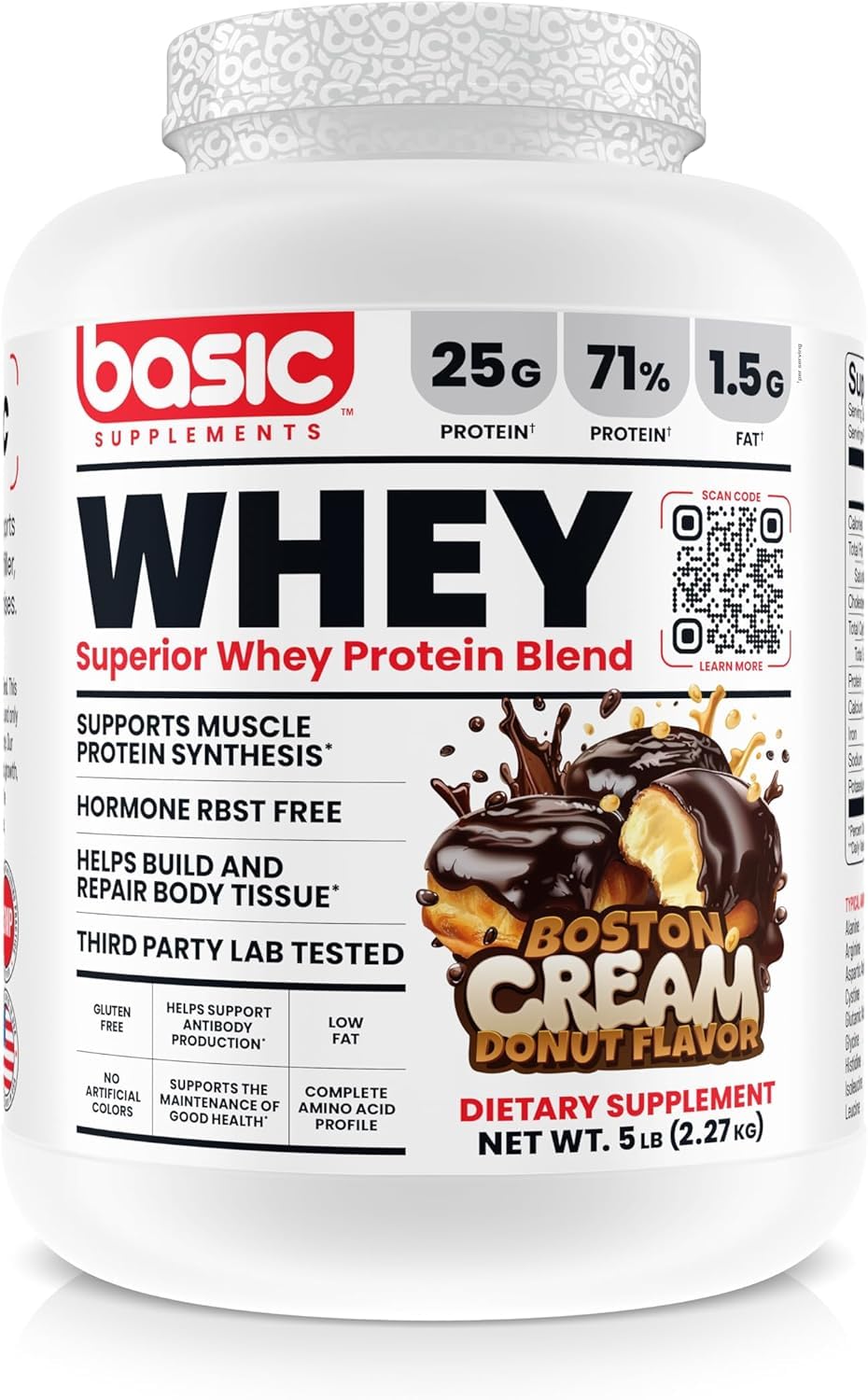 Basic Supplements Whey Protein bottle label conveys quality for daily use and training.