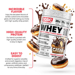 Basic Supplements Whey Protein NSF-certified facility denotes trusted manufacturing quality.