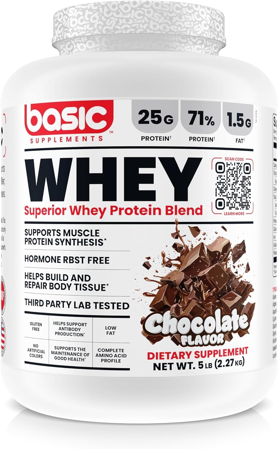 BASIC SUPPLEMENTS Whey Protein Powder container with scoop showing 25 g protein for muscle support
