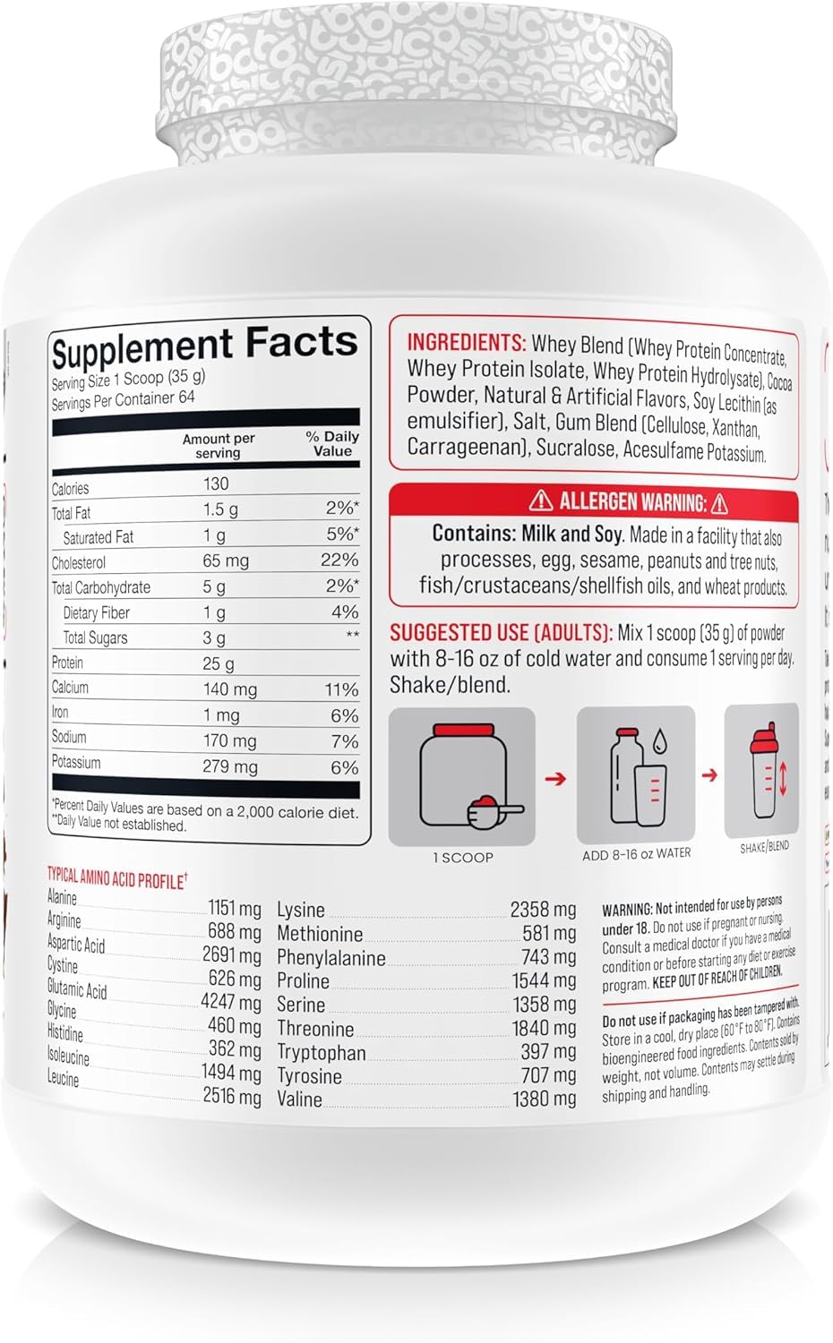 BASIC SUPPLEMENTS Whey Protein Powder label highlights complete amino acid profile for recovery