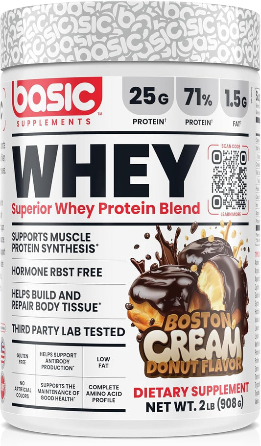 Basic Supplements Whey Protein Powder canister showing premium protein formula for daily use.