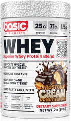 Basic Supplements Whey Protein Powder canister showing premium protein formula for daily use.