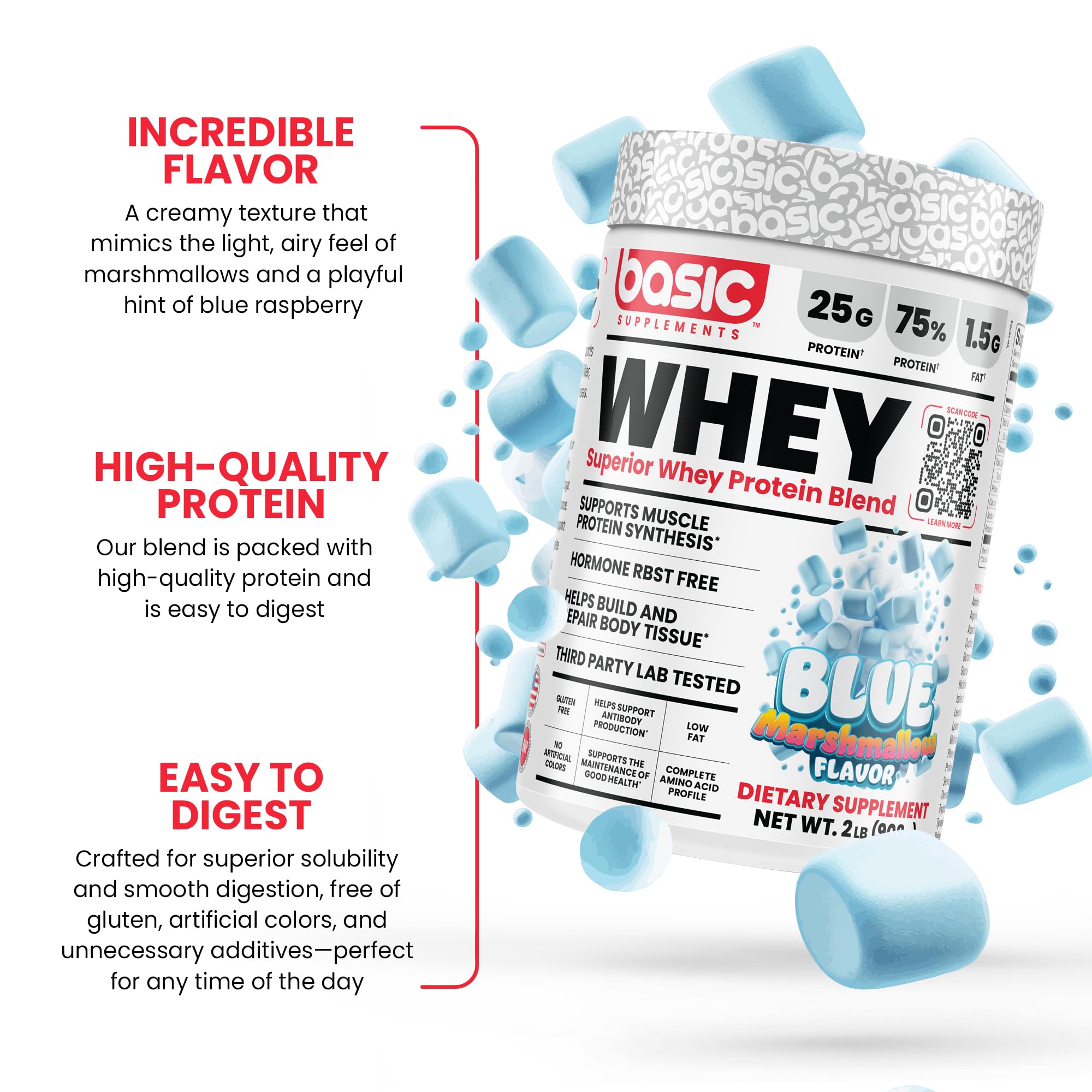 Basic Supplements whey protein powder NSF-certified label showcased for trusted quality