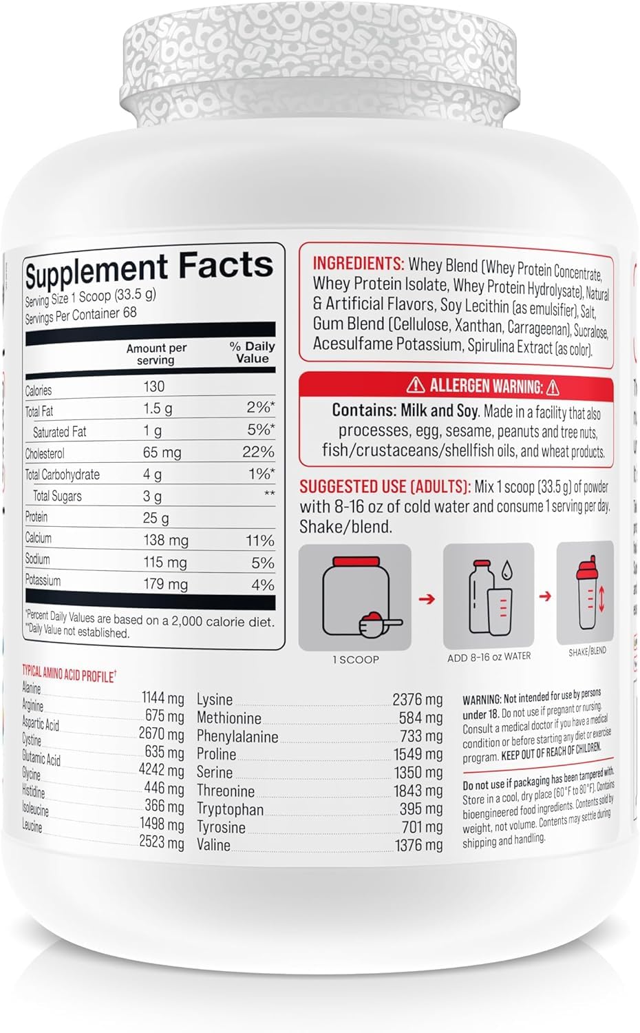 Basic Supplements whey protein powder scoop near tub for easy daily protein intake