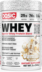 Basic Supplements Whey Protein Powder tub label shows complete amino acid profile.