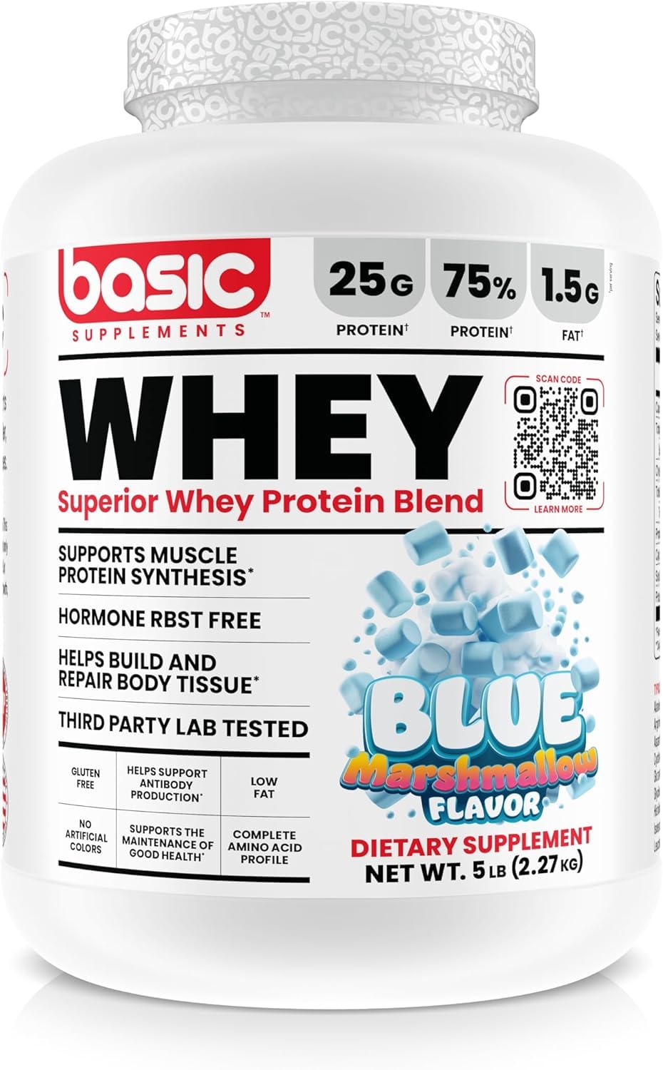 Basic Supplements whey protein powder tub highlighting complete amino acid profile for muscle support