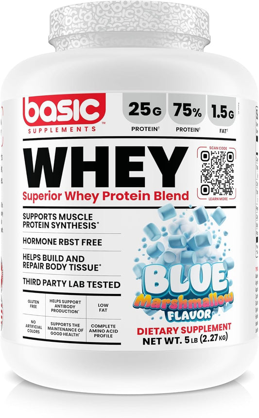 Basic Supplements whey protein powder tub highlighting complete amino acid profile for muscle support