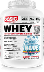 Basic Supplements whey protein powder tub highlighting complete amino acid profile for muscle support