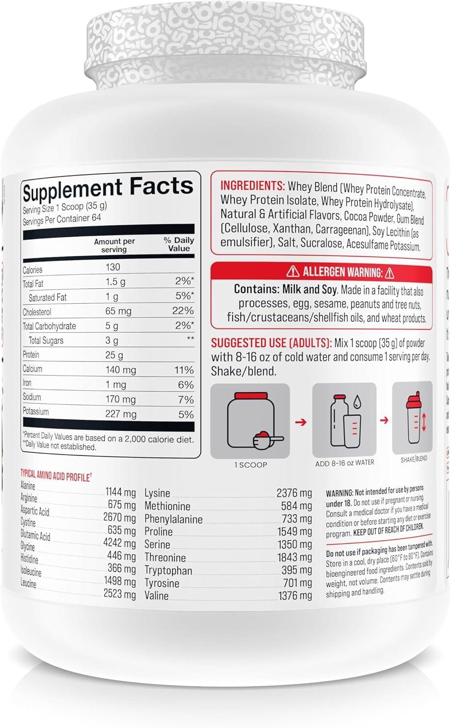 Basic Supplements Whey Protein scoop measures servings for post-workout fueling.