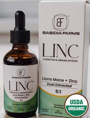 Basidia Farms LINC tincture bottle with dual-extracted Lions Mane for mental clarity.