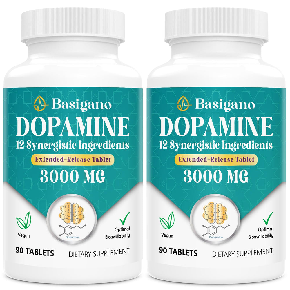 Basigano dopamine supplement bottle shows vegan, gluten-free formula for daily balance.