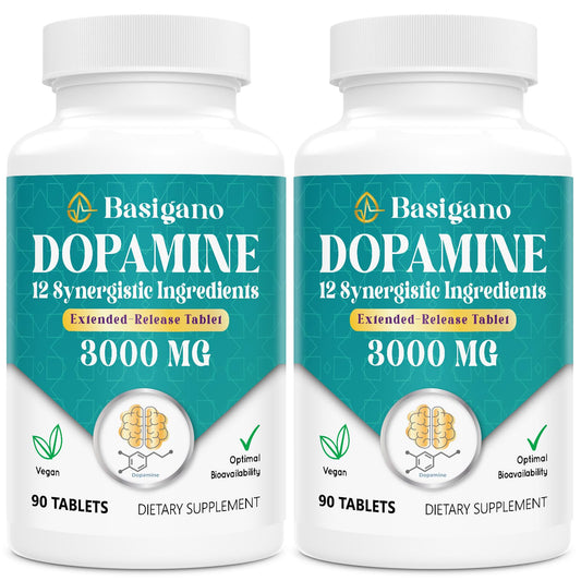 Basigano dopamine supplement bottle shows vegan, gluten-free formula for daily balance.