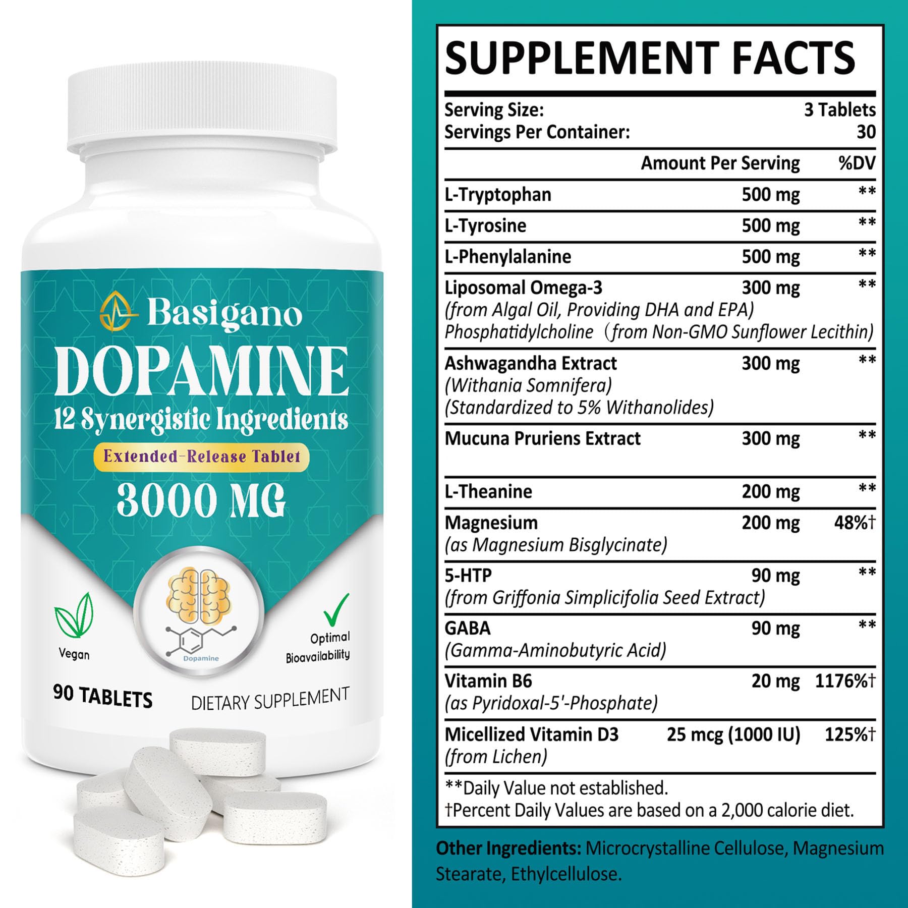 Basigano dopamine supplement packaging box highlights sustainable ingredients and cruelty-free promise.