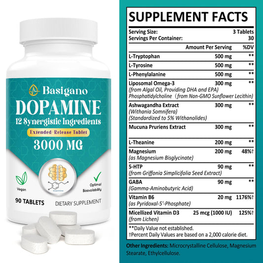 Basigano dopamine supplement packaging box highlights sustainable ingredients and cruelty-free promise.