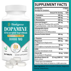 Basigano dopamine supplement packaging box highlights sustainable ingredients and cruelty-free promise.