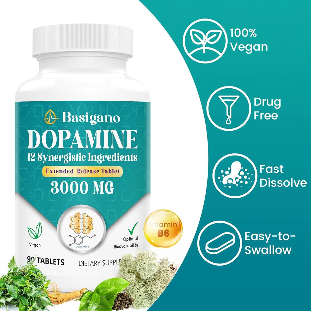 Basigano dopamine supplement tablets close-up in a gluten-free, 90-tablet pack.