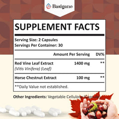 Basigano horse chestnut extract capsules pack highlights vegan, plant-based capsules