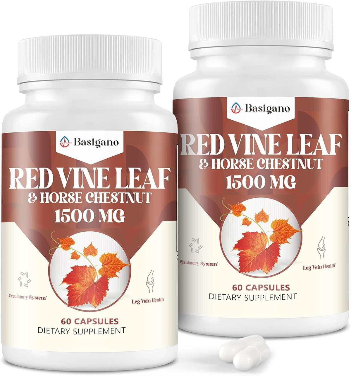 Basigano red vine leaf bottle pour showcases premium extract for circulatory support