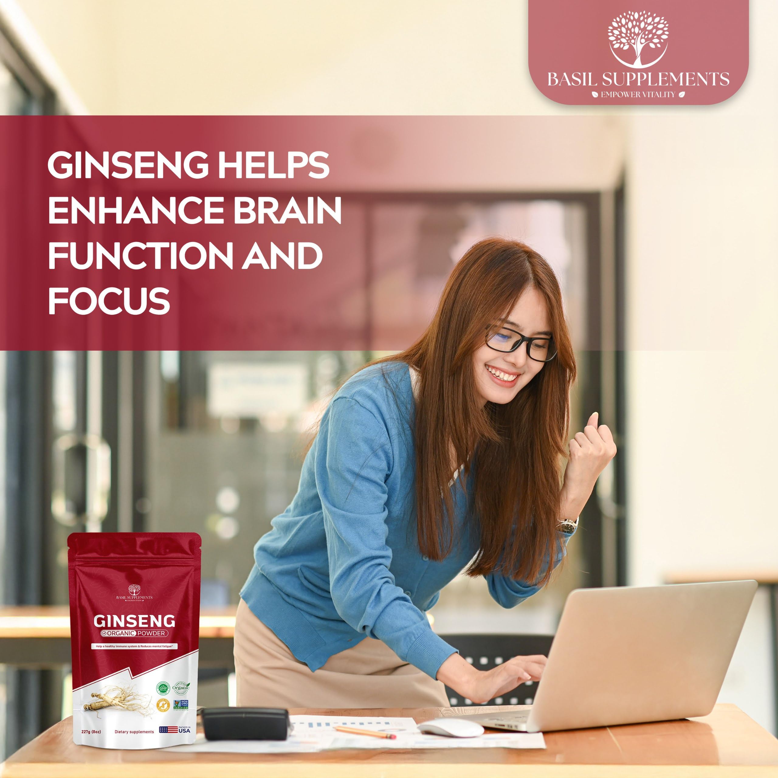 Basil Supplements ginseng powder in tea cup blends smoothly.