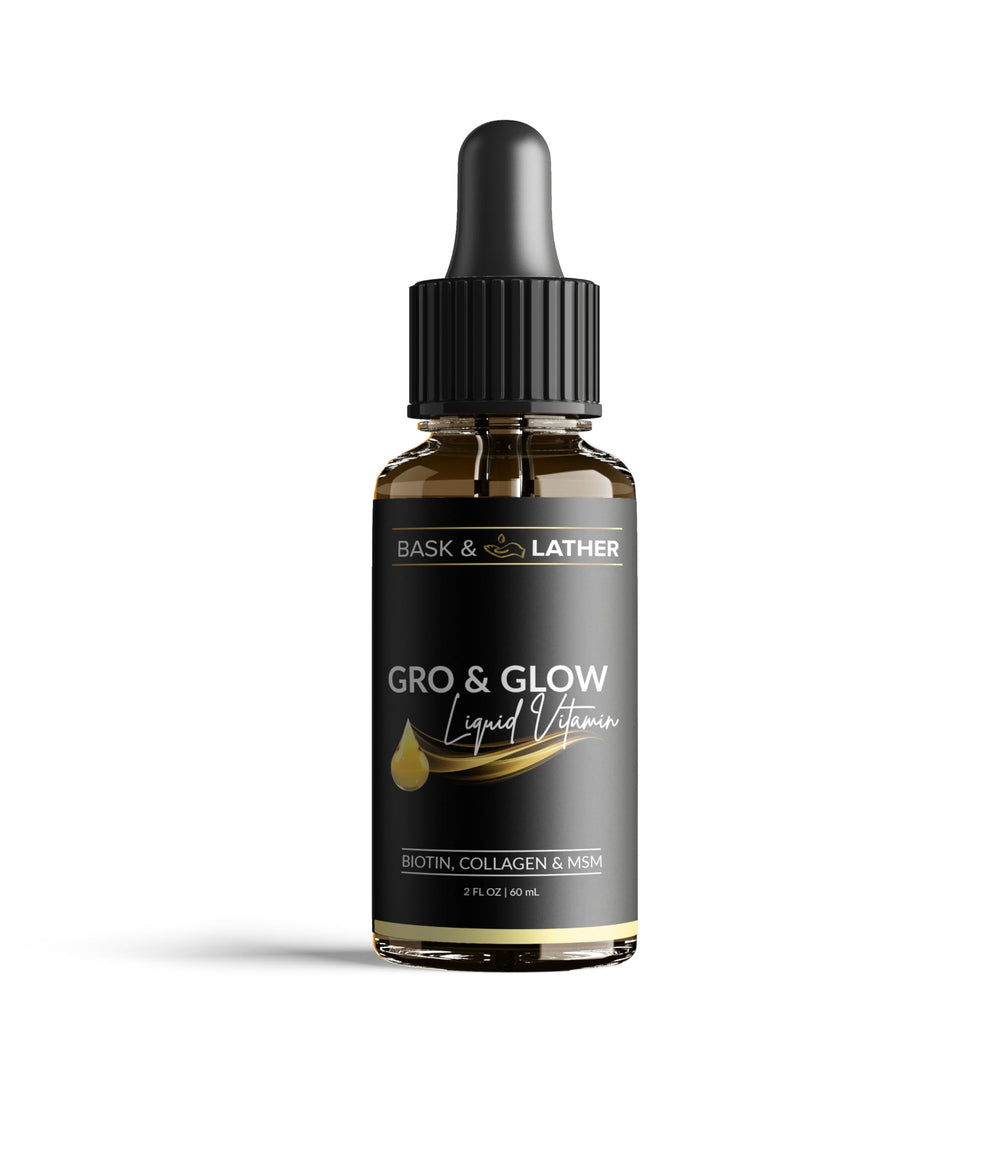 Bask & Lather Gro & Glow bottle with cherry flavor for daily beauty support.