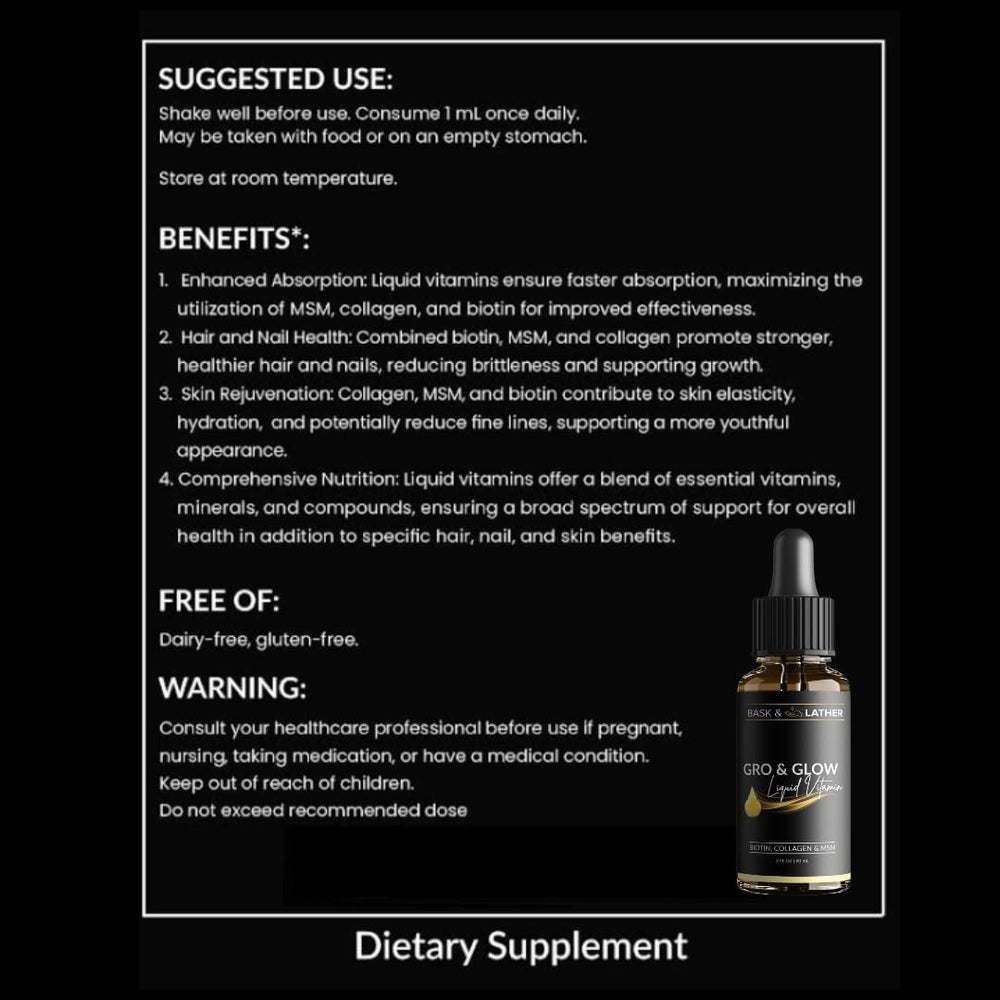 Bask & Lather Gro & Glow gluten-free and dairy-free formula shown on label.