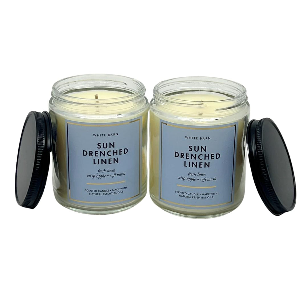 Bath & Body Works Sun Drenched Linen candle on shelf conveys bright, uplifting ambiance.