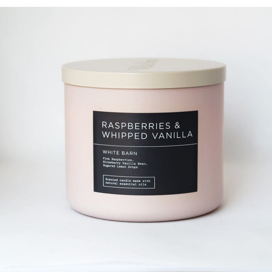 Bath & Body Works White Barn 3-Wick Candle Raspberry focus enhances bright spring ambiance.
