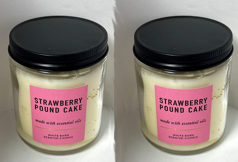 Bath & Body Works Strawberry Pound Cake candle close-up tin—clean burn and cozy ambiance