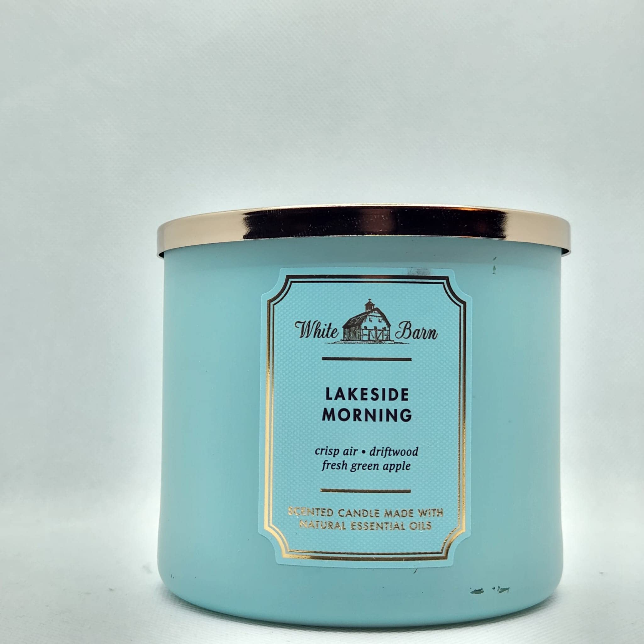 Bath and Body Works Lakeside Morning 3-Wick Candle with essential oils, ideal for cozy evenings.