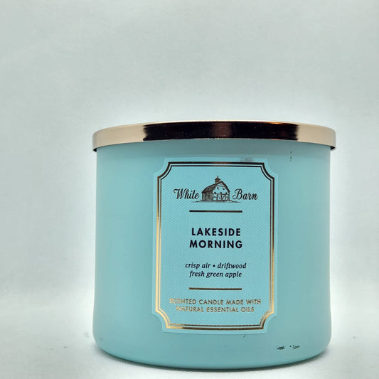 Bath and Body Works Lakeside Morning 3-Wick Candle with essential oils, ideal for cozy evenings.