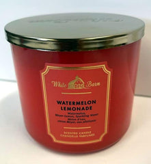 Bath & Body Works White Barn 3-Wick Watermelon Lemonade candle with varied label artwork.