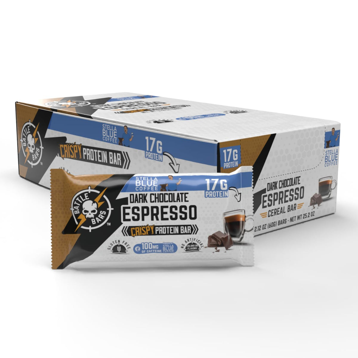 Battle Bars dark chocolate espresso packaging front highlighting gluten-free claim.