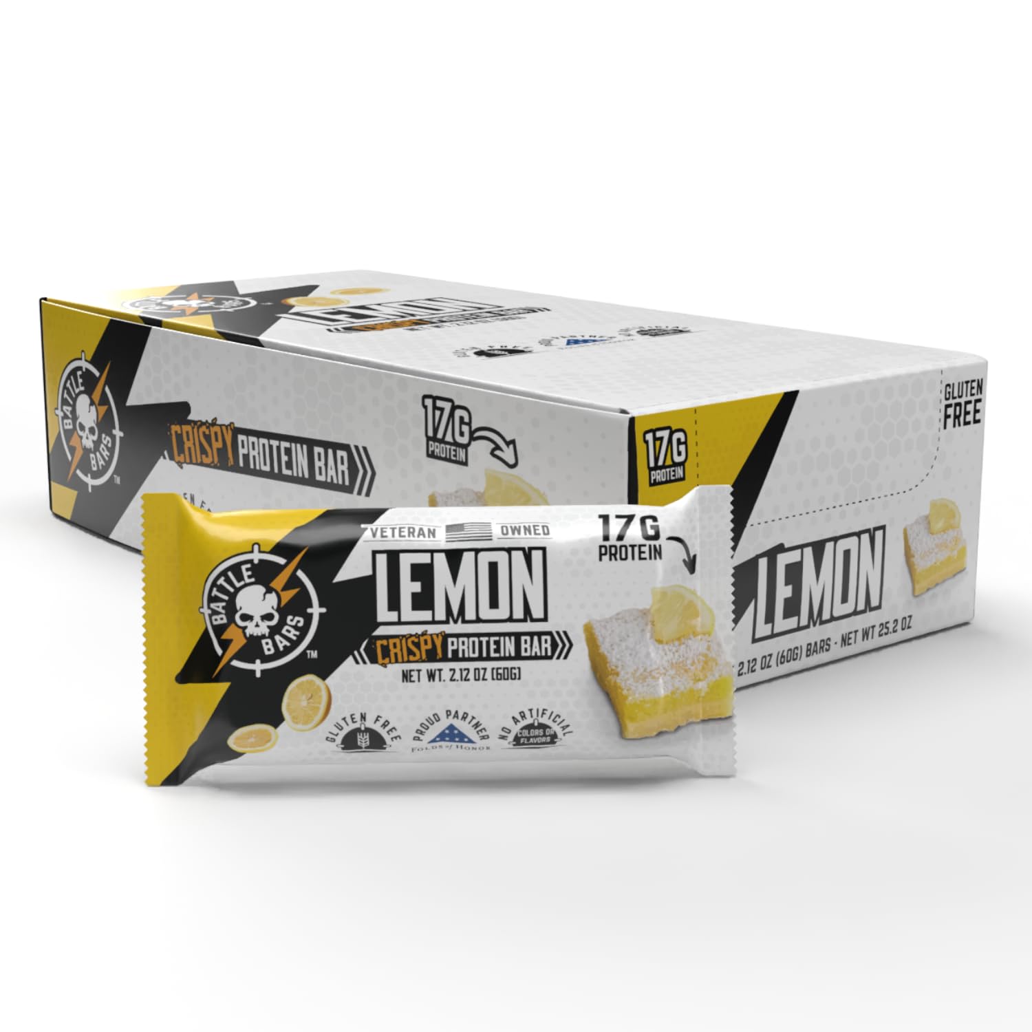 Battle Bars Lemon Almond bar close-up shows crispy texture and zesty lemon flavor.