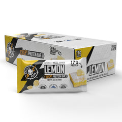 Battle Bars Lemon Almond bar close-up shows crispy texture and zesty lemon flavor.