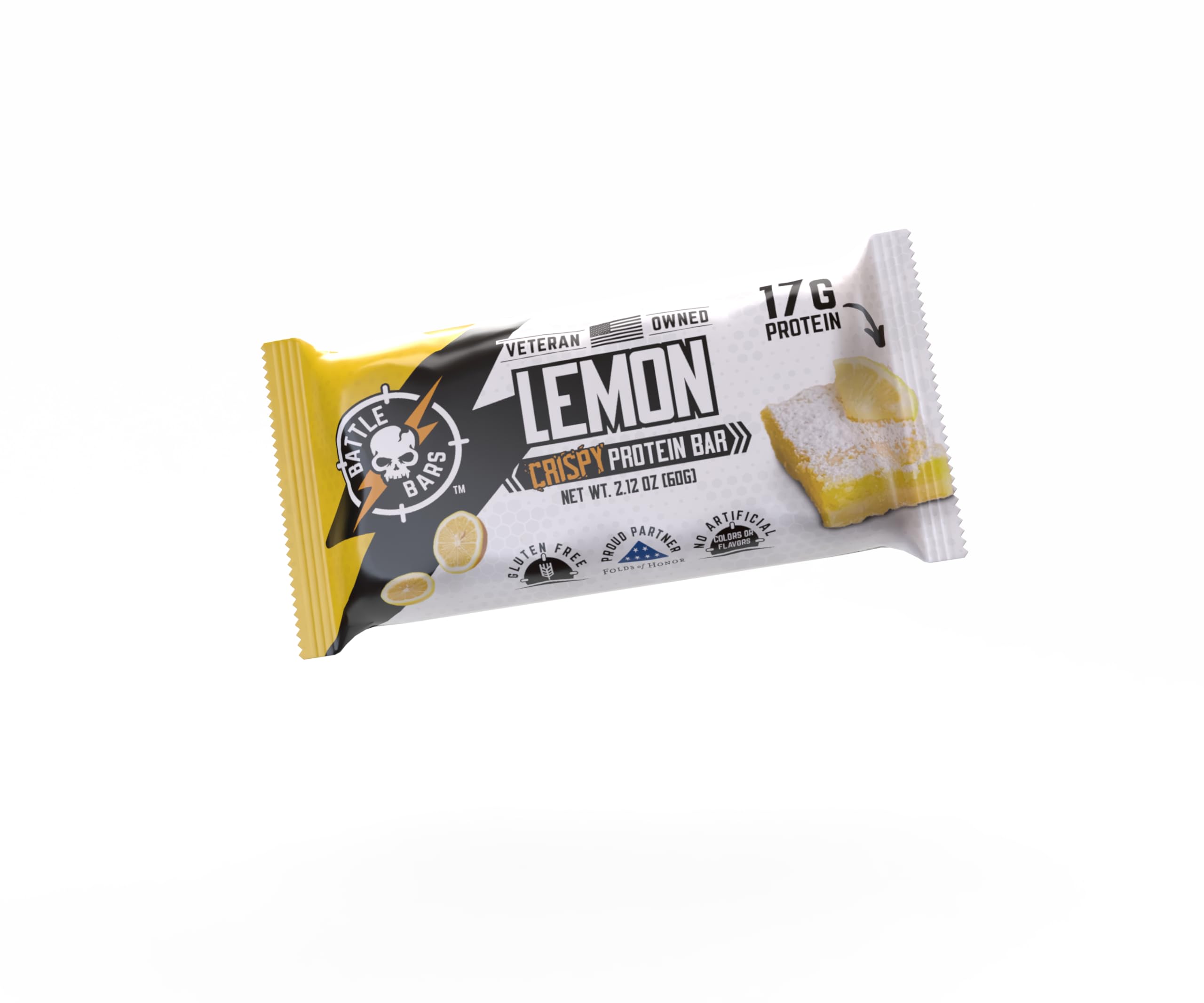 Battle Bars Lemon Almond bar on desk ready for recovery snack.