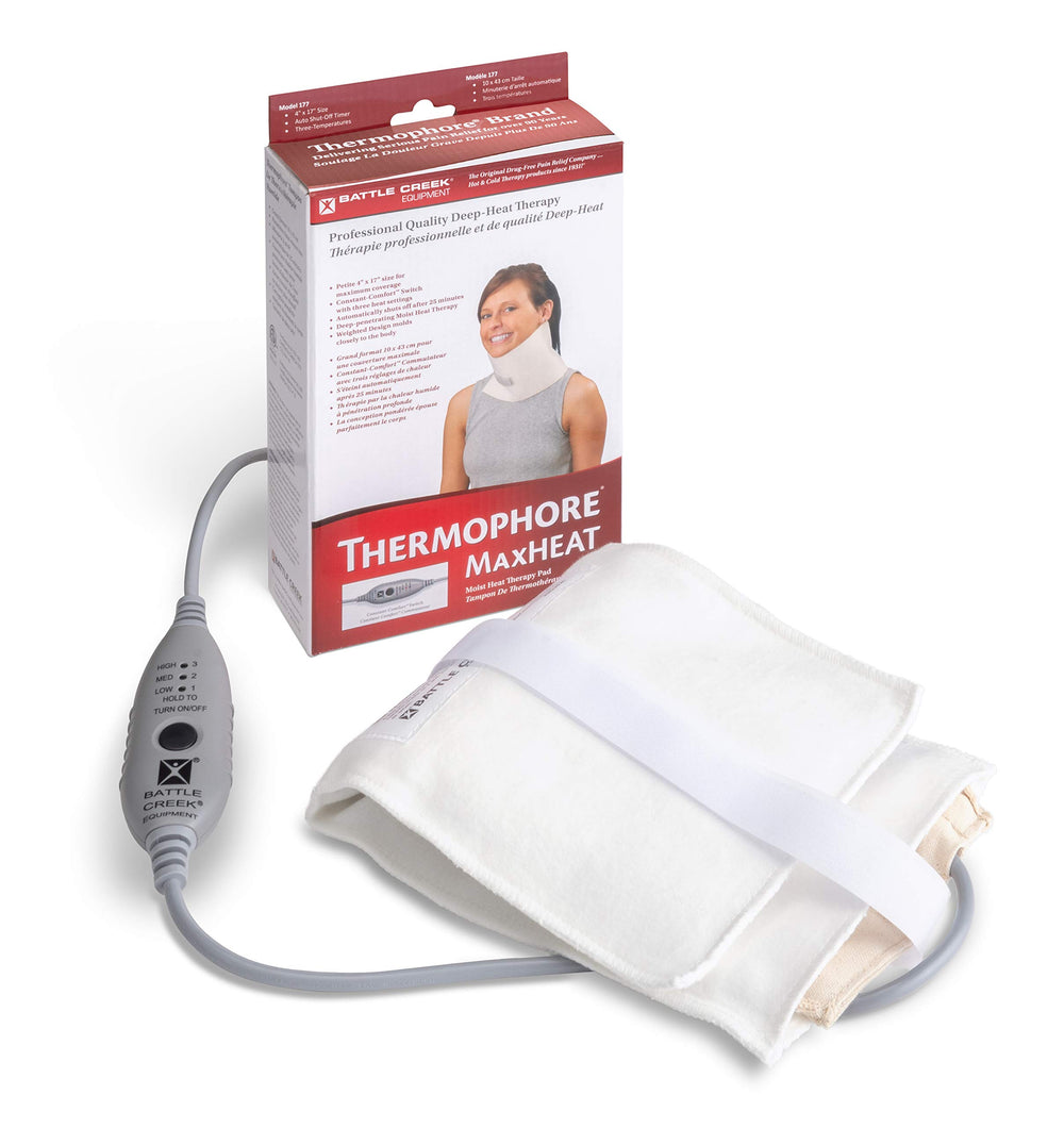 Battle Creek Thermophore MaxHeat petite pad side view for targeted moist heat relief.