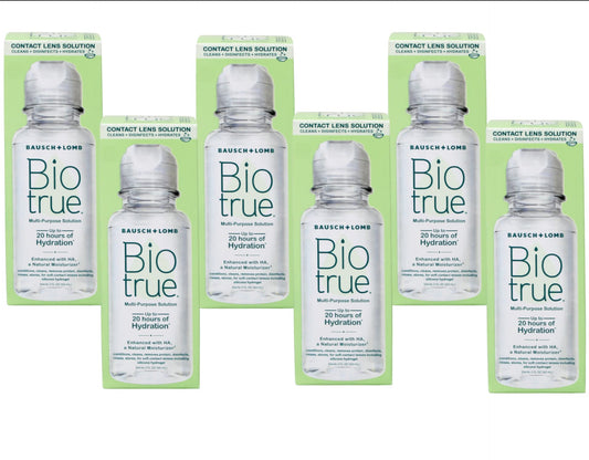 Bausch and Lomb Biotrue travel bottle, front view, ready for on-the-go lens care.