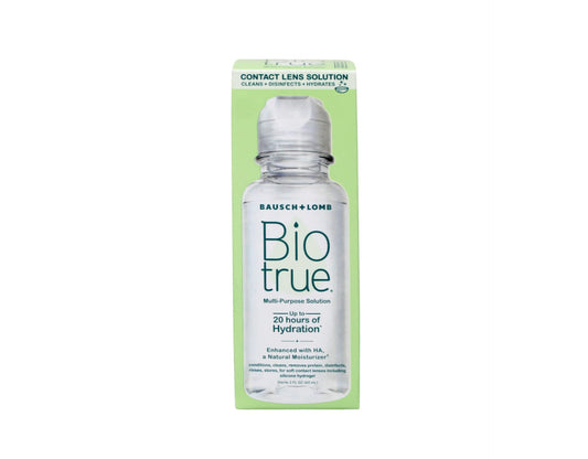 Box packaging shows Biotrue Travel Solution, compact on-the-go care for lenses.