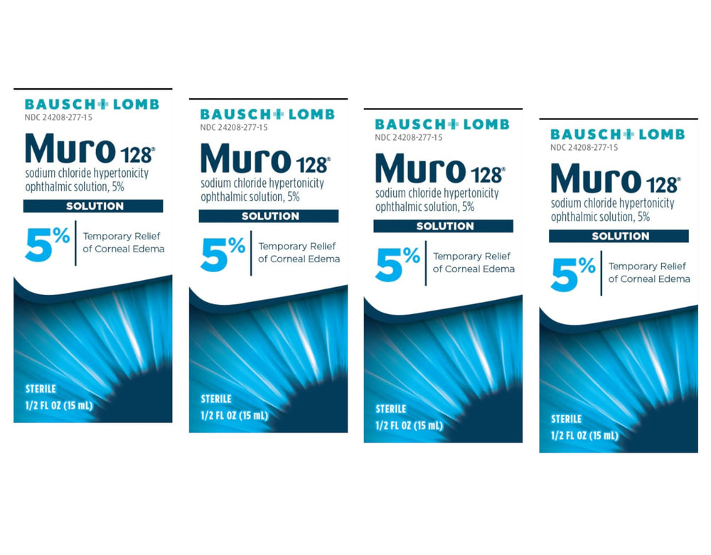Bausch + Lomb Muro 128 5% bottle ready for use, potential temporary relief for corneal edema.