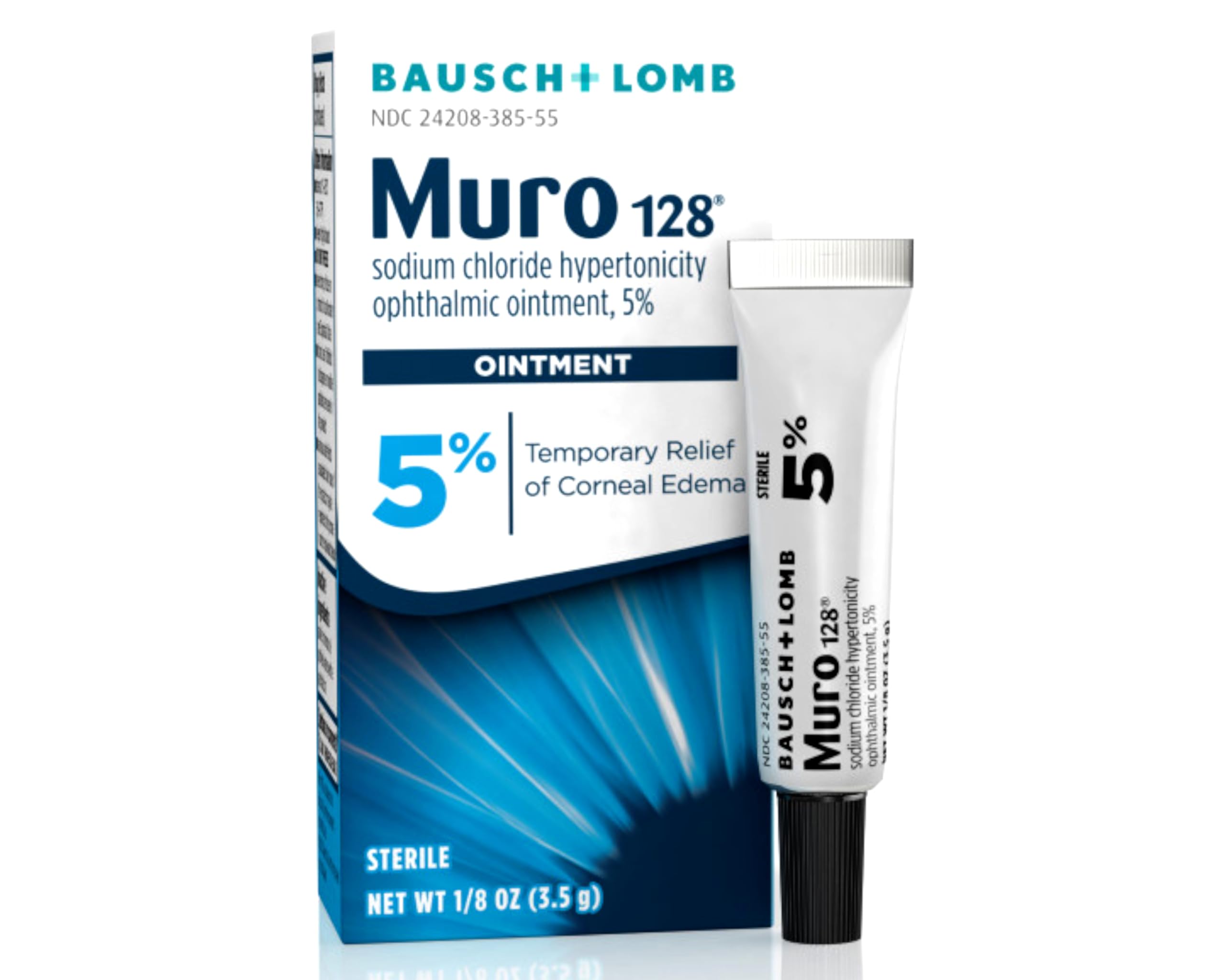 Bausch + Lomb Muro 128 ointment tube for temporary corneal edema relief.