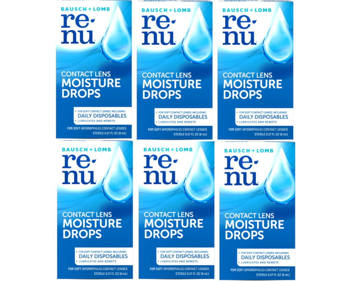 Bausch + Lomb Renu moisture drops bottle for daily lens comfort.