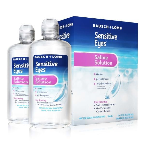 Label on Bausch + Lomb Sensitive Eyes saline bottle for quick identification