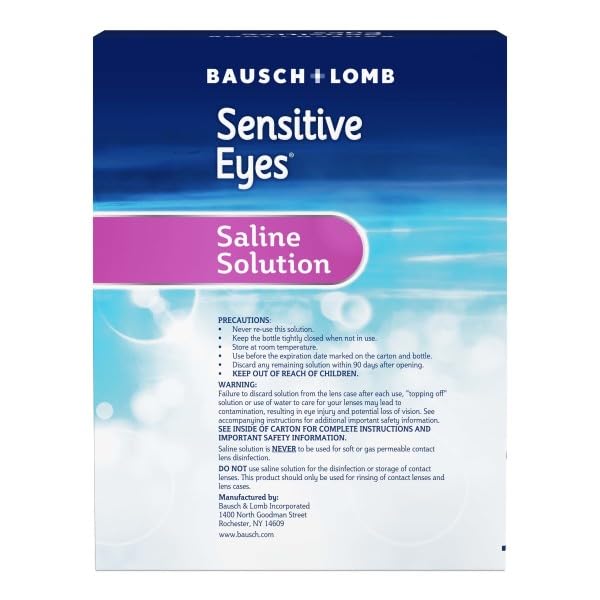 Bausch + Lomb Sensitive Eyes saline being poured for lens pre-insertion rinse