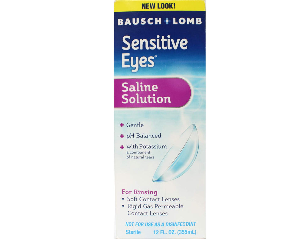 Bausch + Lomb Sensitive Eyes saline bottle front view for gentle rinsing and lens storage.