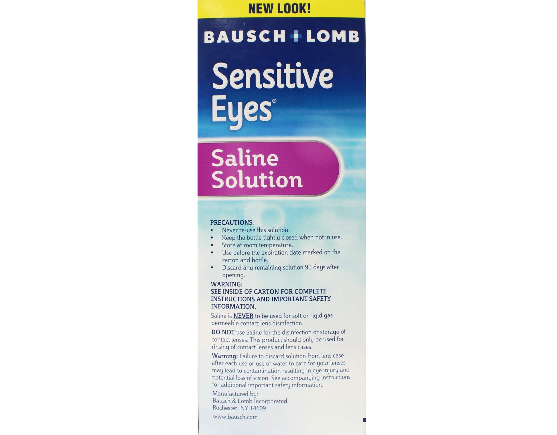 Sensitive Eyes saline solution label highlights potassium-based formula.