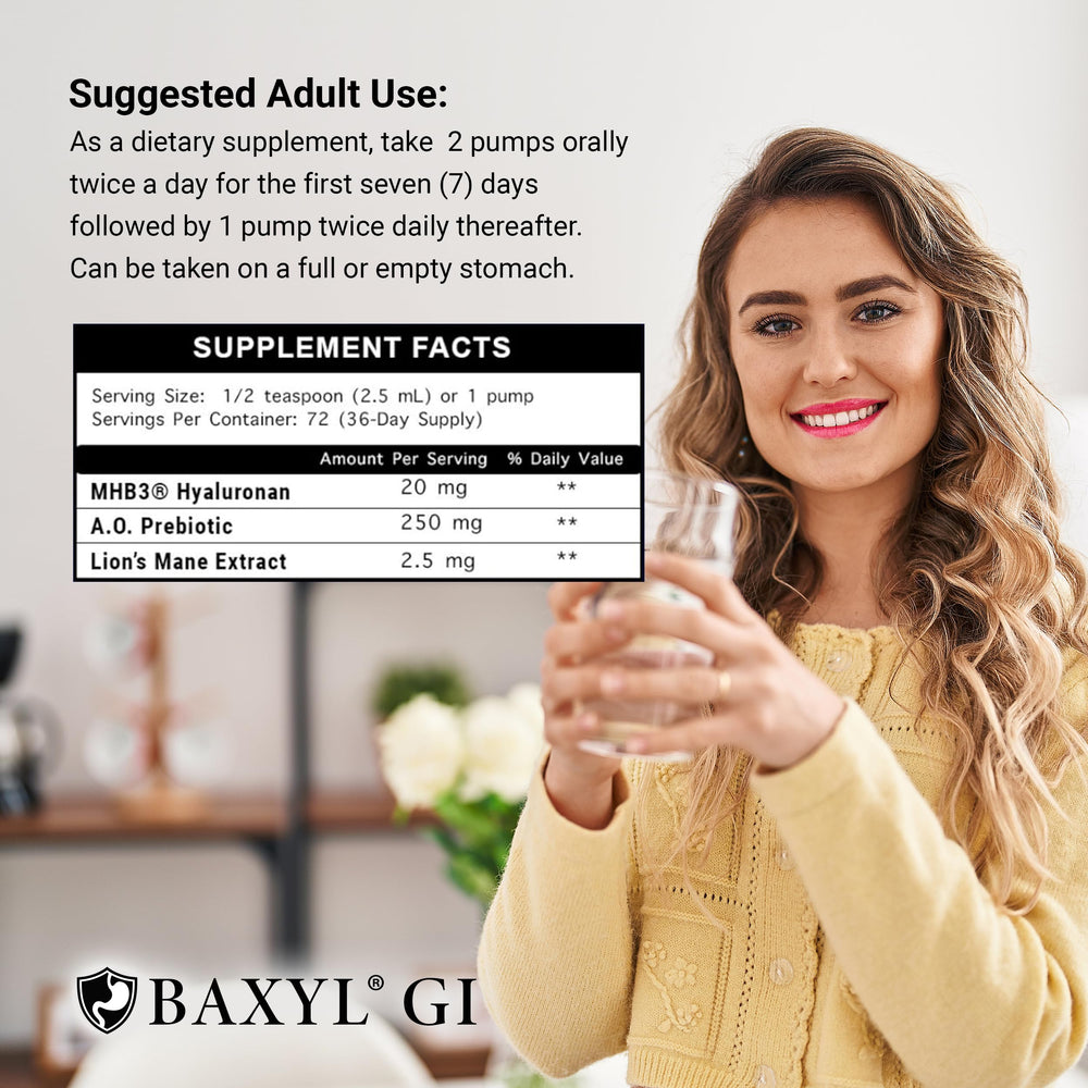BAXYL GI ingredients panel with MHB3 Hyaluronan and Amaferm for gut health