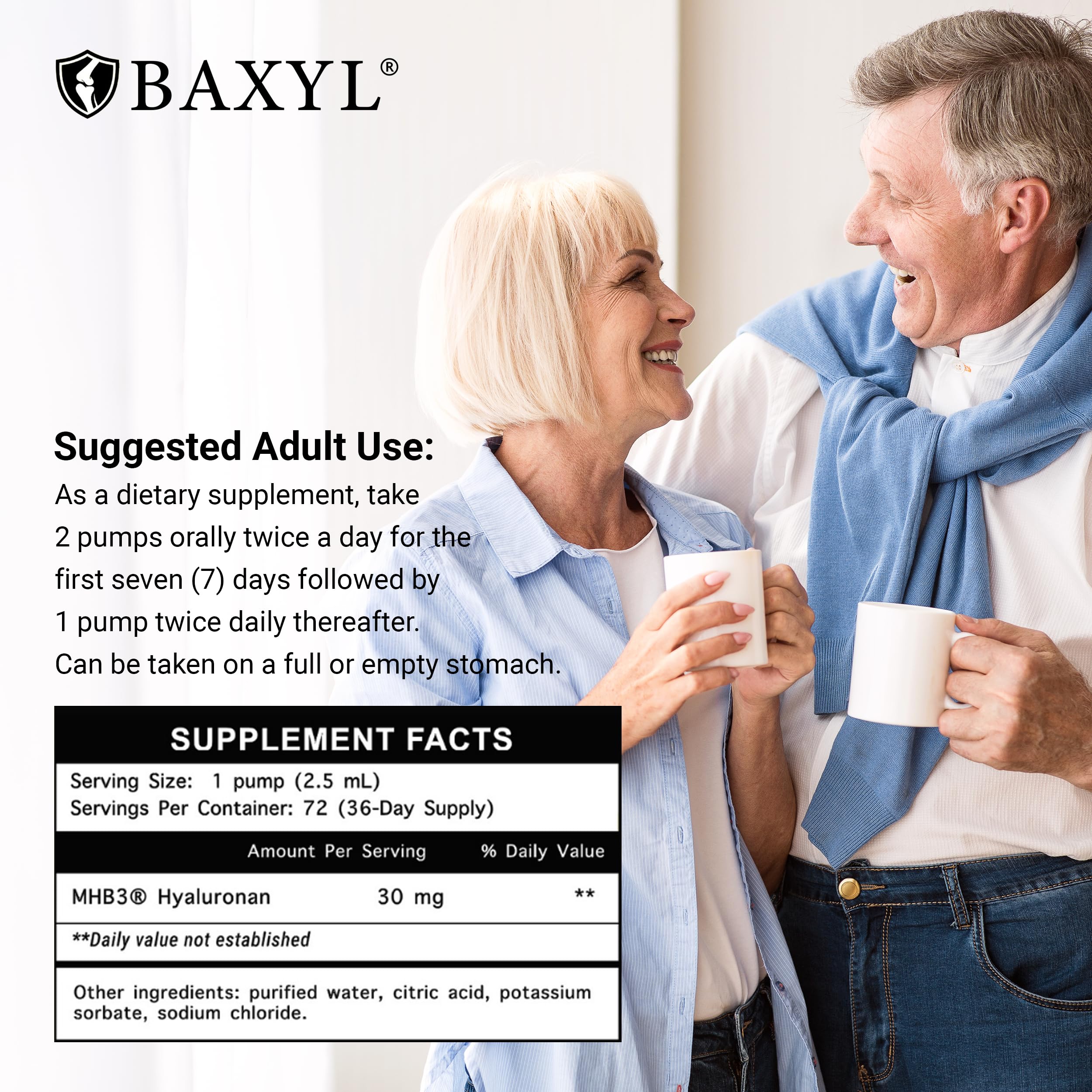 BAXYL bottle close-up of hydrated hyaluronan for skin and cartilage health.